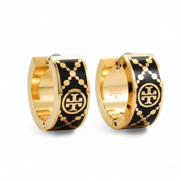 Tory Burch Jewelry - Tory Burch Black and Gold T-Monogram Huggie Earrings